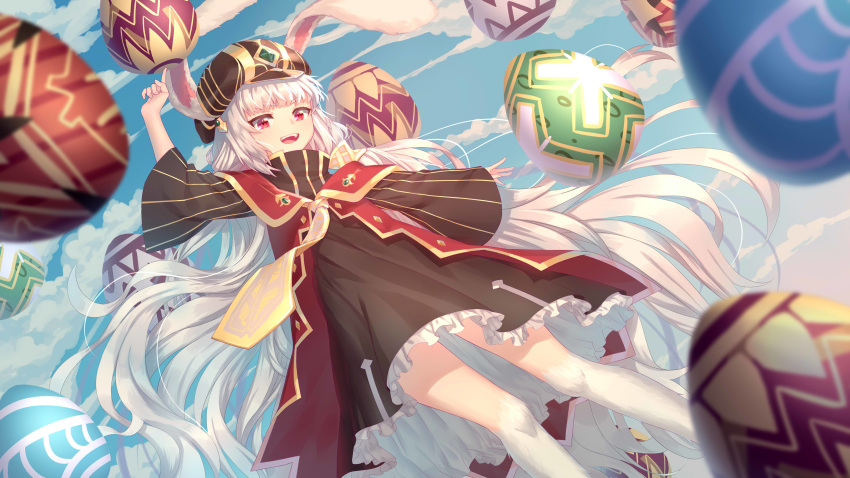 1girl :d absurdres animal_ears black_headwear black_skirt blue_sky bunny_ears chi_yei day easter_egg egg frilled_skirt frills hand_up highres leah_(sdorica) long_hair open_mouth outdoors red_eyes sdorica skirt sky smile very_long_hair white_hair wide_sleeves