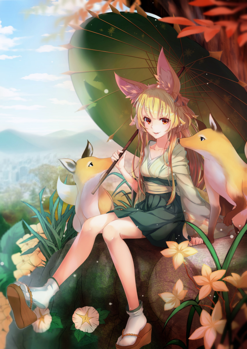 1girl absurdres animal_ears blonde_hair brown_footwear day flower fox fox_ears highres izumi_(sdorica) japanese_clothes long_hair looking_at_viewer on_rock oriental_umbrella outdoors purple_(jobseeking) red_eyes sdorica sitting skirt smile socks umbrella white_legwear