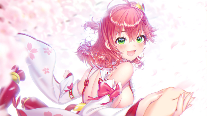 1girl ahoge back_cutout blush breasts cherry_blossom_print clothing_cutout detached_sleeves floral_print green_eyes hair_ornament hairclip highres holding_hands hololive looking_at_viewer noname_(metaldragonfly) open_mouth pink_hair sakura_miko sideboob tongue virtual_youtuber x_hair_ornament