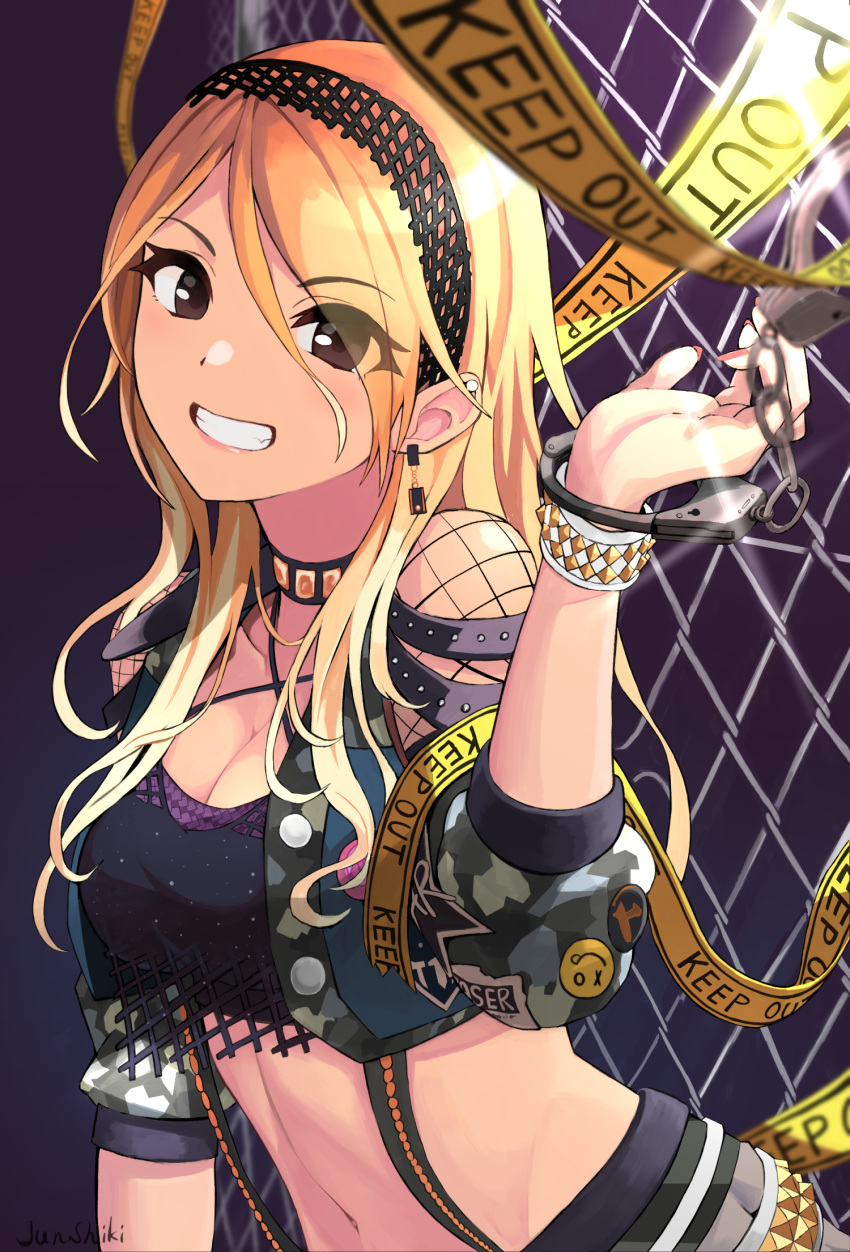 1girl artist_name bangs belt black_eyes blonde_hair bracelet breasts brown_hair camouflage_jacket caution_tape choker cleavage cropped_jacket cuffs earrings eyebrows_visible_through_hair fence fishnet_sleeves gradient_hair grin gyaru hair_between_eyes hairband handcuffs highres idolmaster idolmaster_shiny_colors izumi_mei jewelry junshiki keep_out large_breasts long_eyelashes long_hair looking_at_viewer multicolored_hair nail_polish navel pins signature smile solo studded_belt studded_bracelet studded_choker tan tank_top