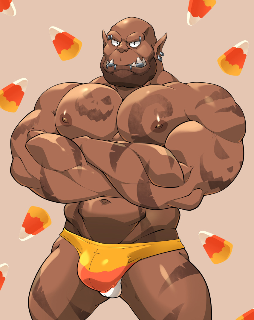 2020 abs absurd_res bald barazoku big_muscles blizzard_entertainment bulge candy candy_corn clothing crossed_arms ear_piercing ear_ring eyebrow_piercing facial_hair facial_piercing food garrosh_hellscream halloween hi_res holidays humanoid jack-o'-lantern_print lip_piercing looking_at_viewer maldu male muscular muscular_humanoid muscular_male navel nipples orc orc_humanoid pecs piercing pink_background simple_background smile solo speedo standing swimwear tattoo tusk_ring tusks video_games warcraft