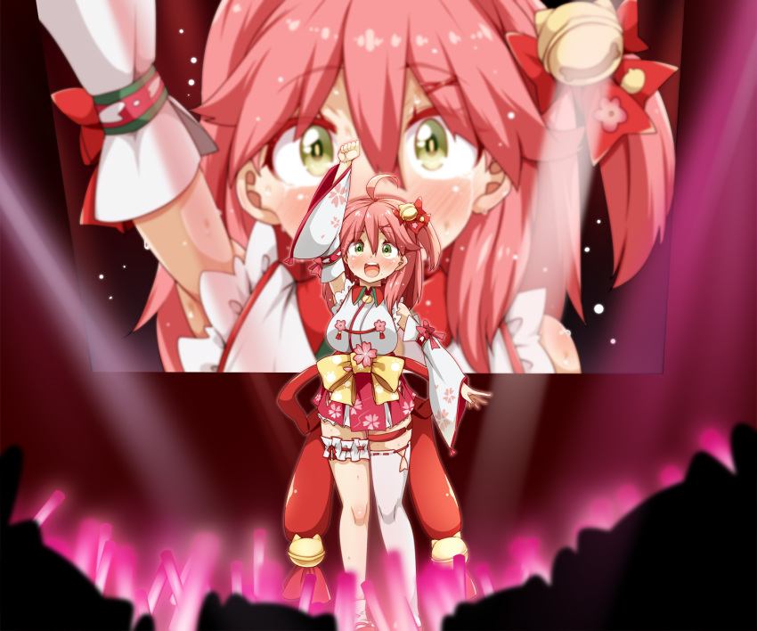 35p_(sakura_miko) ahoge arm_up audience bell cherry_blossom_print clenched_hand detached_sleeves floral_print glowstick green_eyes hair_bell hair_ornament highres hololive knees leg_garter open_mouth paw_print_pattern pink_hair raiden_(raiden_labo) sakura_miko single_thighhigh sweat tears thighhighs tongue upper_teeth virtual_youtuber white_legwear zoom_layer