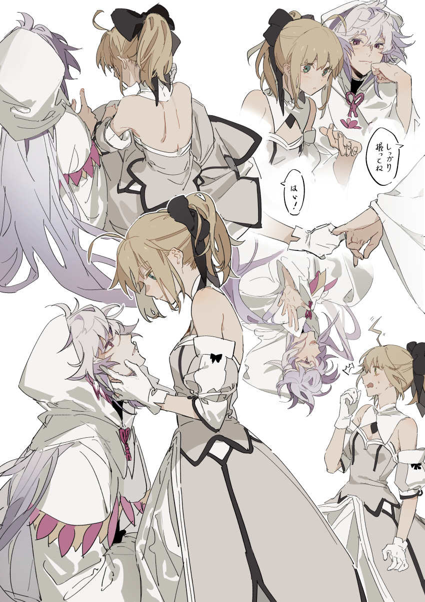 1boy 1girl absurdres ahoge artoria_pendragon_(all) bangs bare_shoulders black_bow blonde_hair blush bow breasts character_request cleavage closed_mouth collar commentary_request detached_sleeves dress eye_contact fate/grand_order fate_(series) from_behind from_side gloves green_eyes grey_hair hair_between_eyes hair_bow hair_ornament hetero highres holding_hands hood hood_up long_hair looking_at_another merlin_(fate) open_mouth ponytail purple_eyes sidelocks simple_background smile standing surprised translation_request upside-down white_background white_dress white_gloves zhibuji_loom