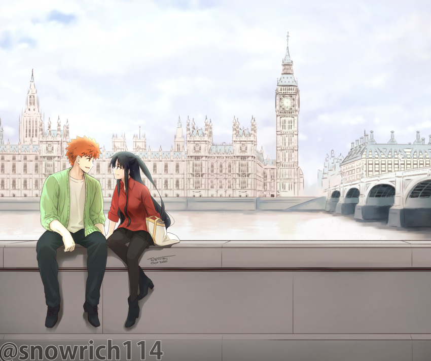 1boy 1girl black_hair black_legwear blue_eyes bridge elizabeth_tower emiya_shirou face-to-face fate/stay_night fate/unlimited_blade_works fate_(series) highres london long long_hair long_legs long_sleeves red_hair short_hair smile thighhighs thighs tohsaka_rin yellow_eyes yukako_(toyoyuki)