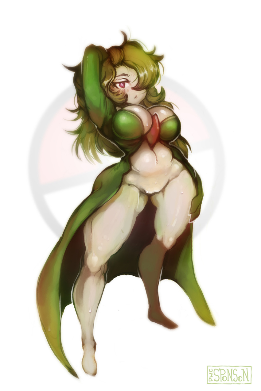 2020 2:3 big_breasts breasts cleavage clothed clothing female gardevoir genitals green_hair hair hair_over_eye hand_behind_head hi_res humanoid messy_hair nintendo one_eye_obstructed pink_eyes pok&eacute;mon pok&eacute;mon_(species) pussy pwcsponson simple_background smile solo standing thick_thighs video_games white_background wide_hips