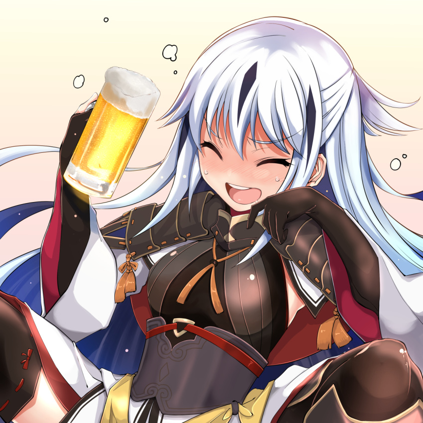 1girl alcohol beer beer_mug black_gloves blush closed_eyes cup drunk fate/grand_order fate_(series) gloves grimjin highres long_hair mug multicolored_hair nagao_kagetora_(fate) spread_legs thighhighs two-tone_hair white_hair