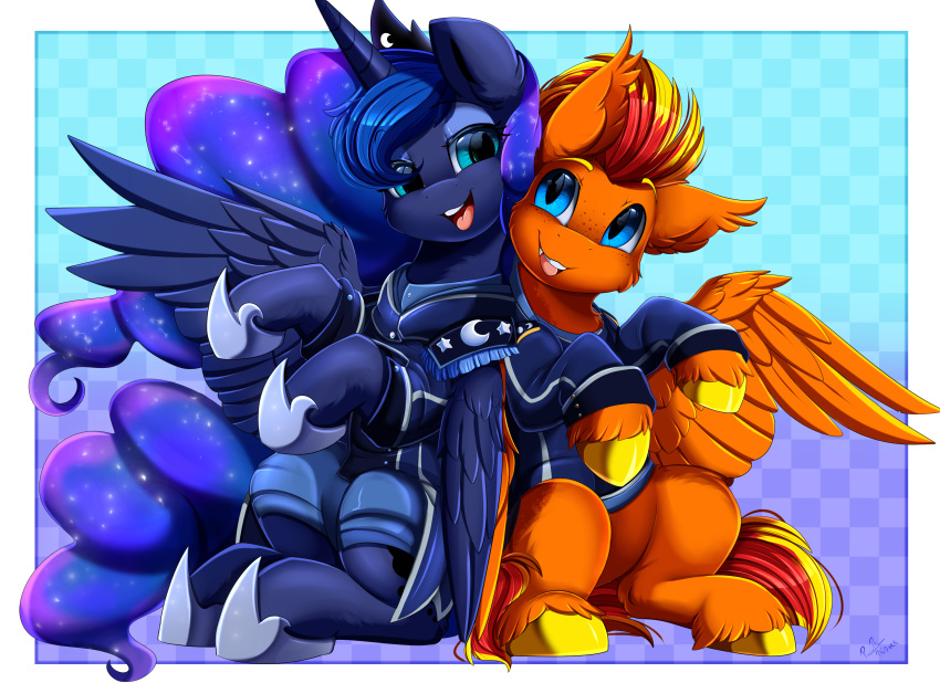 2020 absurd_res alpha_channel armor clothing cloven_hooves duo equid equine ethereal_hair ethereal_mane fan_character female friendship_is_magic hasbro hi_res hooves horn huge_filesize male mammal matching_outfits my_little_pony open_mouth pridark princess_luna_(mlp) pseudo_hair pseudo_mane semi-anthro sitting winged_unicorn wings