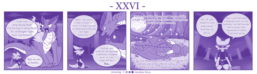 4koma ambiguous_gender anthro braver_(character) clothing comic dialogue disaster_dragon dragon duo english_text feral hi_res kobold mask melee_weapon monochrome profanity purple_theme scales scalie sleeping text vavacung weapon wings