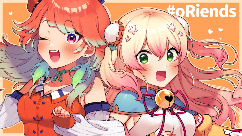 2girls blonde_hair breasts close-up earrings english_commentary fang green_eyes highres hololive hololive_english jewelry looking_at_viewer medium_breasts mixed-language_commentary momosuzu_nene multiple_girls official_art one_eye_closed open_mouth orange_hair second-party_source takanashi_kiara tamawo_(mu_gi2) v-shaped_eyebrows virtual_youtuber