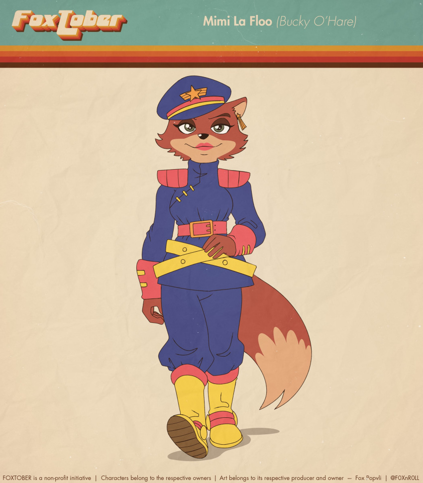 2020 absurd_res anthro boots bucky_o'hare_(series) canid canine clothed clothing countershade_face countershading dipstick_tail ear_piercing ear_ring english_text female footwear fox fox-pop fur hat headgear headwear hi_res lipstick looking_at_viewer makeup mammal military_cap military_uniform mimi_lafloo multicolored_body multicolored_fur multicolored_tail piercing red_body red_fur solo tan_body tan_fur text two_tone_body two_tone_fur uniform