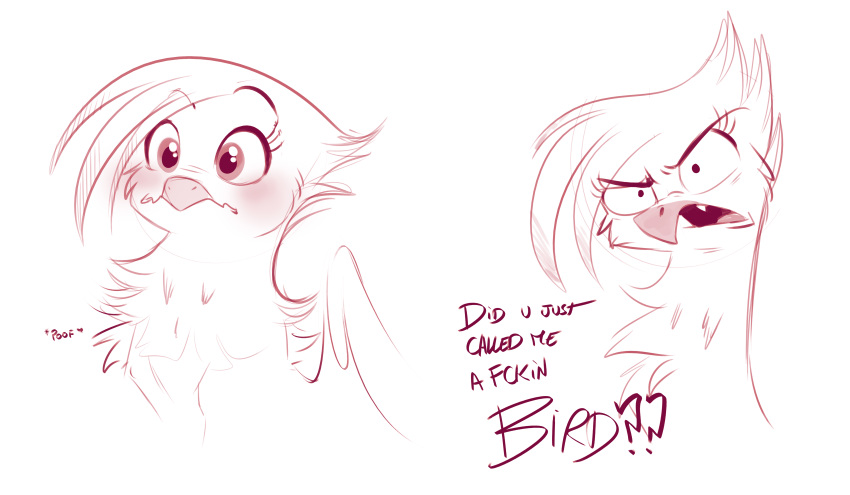 absurd_res annoyed avian blush dialogue english_text fangs friendship_is_magic gilda_(mlp) gryphon hasbro hi_res imalou looking_at_viewer monochrome my_little_pony mythological_avian mythology poof simple_background text white_background
