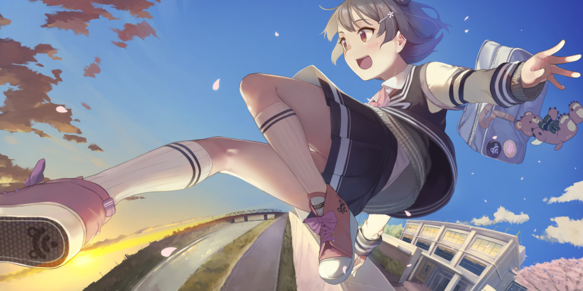 1girl badge bag blazer blue_skirt blue_sky building character_doll cherry_blossoms cloud commentary double_bun falling_petals fisheye flying grey_hair grey_sweater hair_ornament hairclip highres jacket jumping kneehighs koharu_rikka kuz lakiston miniskirt open_mouth outstretched_arm petals pink_footwear pleated_skirt red_eyes ribbed_sweater river school school_uniform shoes short_hair shoulder_bag skirt sky smile sneakers solo stuffed_animal stuffed_toy sweater teddy_bear twilight voiceroid