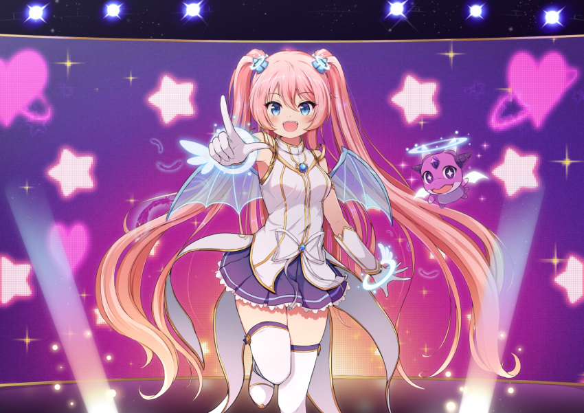 1girl :d angelic_buster bangs bare_shoulders blue_eyes blue_wings blush boots breasts brown_hair commentary_request eyebrows_visible_through_hair gloves glowing gradient_hair hair_between_eyes horns long_hair looking_at_viewer maplestory medium_breasts mini_wings multicolored_hair nekono_rin open_mouth pink_hair pleated_skirt purple_skirt shirt sidelocks skirt sleeveless sleeveless_shirt smile solo standing standing_on_one_leg star_(symbol) thighhighs thighhighs_under_boots transparent_wings twintails very_long_hair white_footwear white_gloves white_legwear white_shirt wings