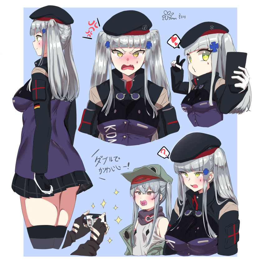 2girls ? bangs beret black_headwear black_skirt blunt_bangs blush breasts brown_eyes cellphone facial_mark fang g11_(girls_frontline) girls_frontline goggles goggles_around_neck green_eyes hair_between_eyes hair_ornament hat heart highres hk416_(girls_frontline) holding holding_phone jacket large_breasts long_hair long_sleeves looking_at_viewer multiple_girls open_mouth phone pleated_skirt scarf self_shot silver_hair skirt smartphone spoken_heart spoken_question_mark thighhighs twintails v yugion