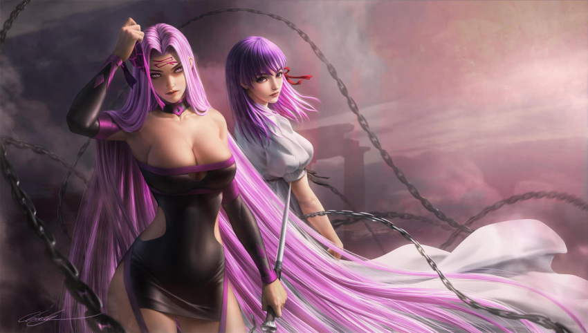 2girls bare_shoulders black_dress black_sleeves blindfold blindfold_removed breasts chain cleavage cloud.d collar curvy detached_sleeves dress facial_mark fate/grand_order fate/stay_night fate/zero fate_(series) forehead_mark hair_ribbon highres holding holding_weapon large_breasts long_hair matou_sakura multiple_girls nameless_dagger outdoors purple_eyes purple_hair red_ribbon ribbon rider short_dress side_cutout spike standing strapless strapless_dress thighs very_long_hair weapon white_dress yellow_eyes