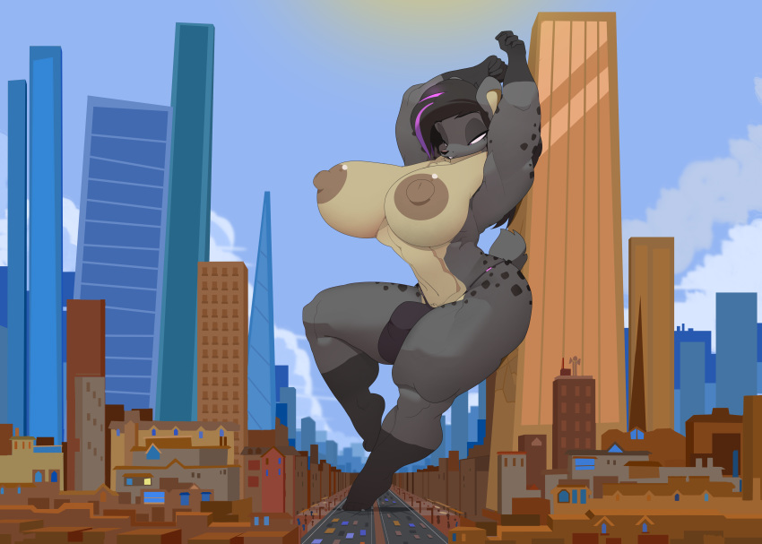 2020 absurd_res anthro areola big_breasts breasts building bulge city clothed clothing cloud commoddity gynomorph hi_res hyaenid intersex lidded_eyes macro mammal nipples sky solo spots_(marking) street topless