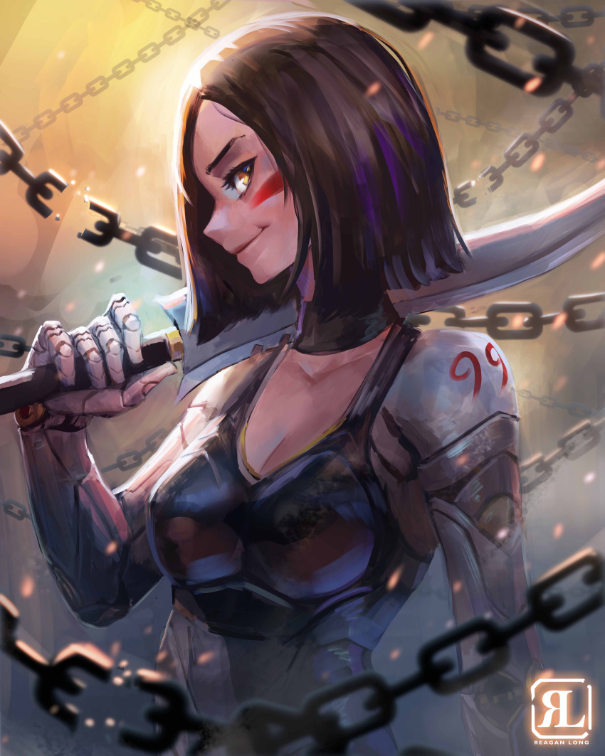 1girl absurdres black_choker black_hair bob_cut breasts broken broken_chain brown_eyes chain choker cleavage commentary cyborg english_commentary facepaint gally gunnm highres joints mechanical_arms medium_breasts nose over_shoulder photoshop_(medium) reagan_long robot_joints short_hair short_sword skin_tight smirk solo sword sword_over_shoulder weapon weapon_over_shoulder