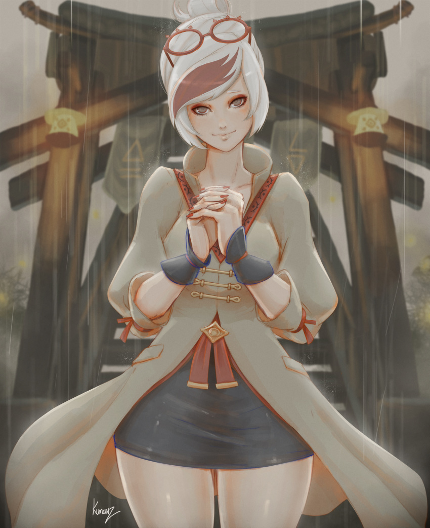 1girl eyeshadow fingerless_gloves glasses gloves grey_eyes highres hyrule_warriors:_age_of_calamity interlocked_fingers kumanz looking_at_viewer makeup purah rain red_nails sheikah shrine smile the_legend_of_zelda the_legend_of_zelda:_breath_of_the_wild thighs white_hair