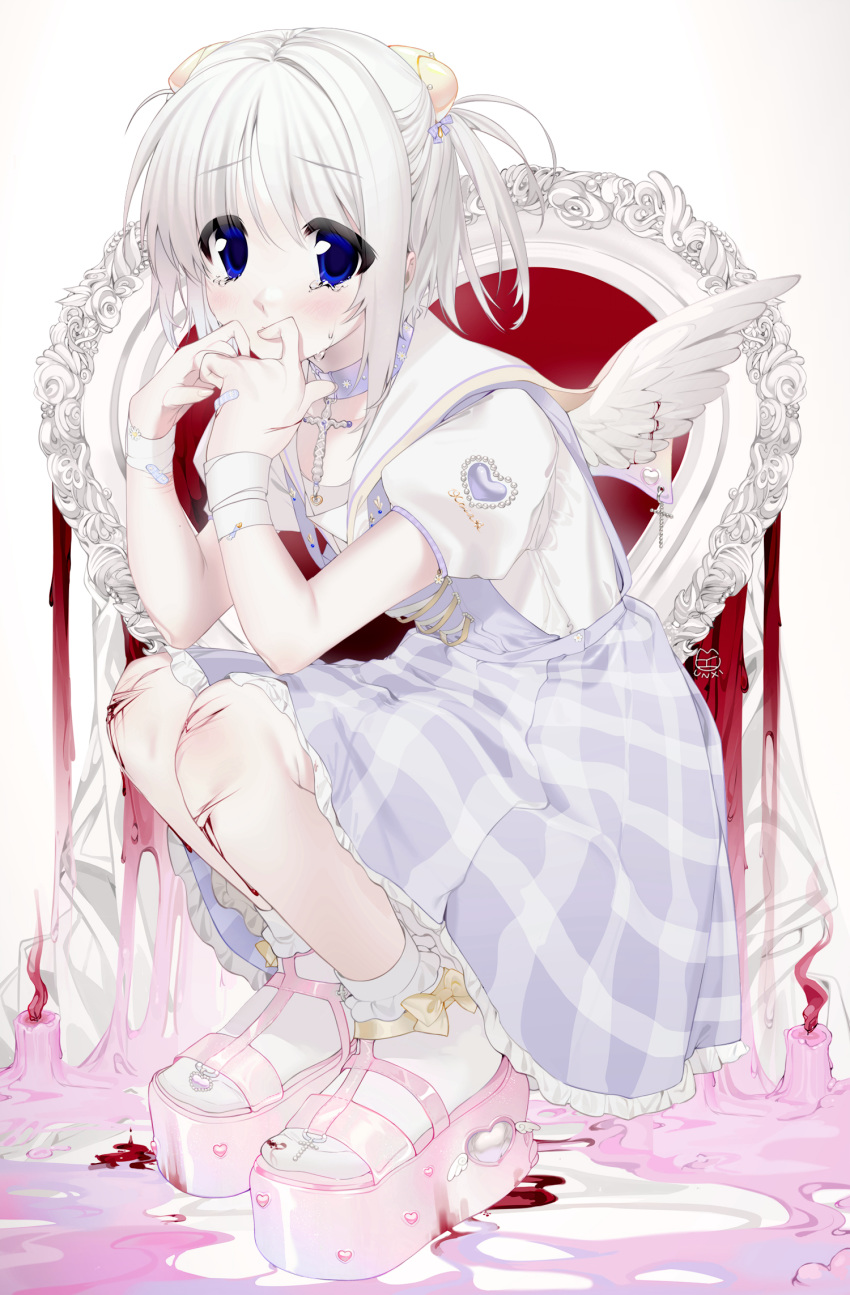 1girl artist_name bandaged_wrist bandaid bandaid_on_arm bandaid_on_hand bleeding blood blue_bow blue_collar blue_dress blue_eyes blush bow candle collar cross crying crying_with_eyes_open cuts daisy dress eyebrows_visible_through_hair feathered_wings fire flower frilled_dress frilled_legwear frills gold hand_to_own_mouth heart highres injury jewelry kneeling laces mini_wings pearl_(gemstone) pinafore_dress pink_footwear plaid plaid_bow plaid_dress platform_footwear red_fire sailor_collar sandals sculpture shirt short_hair socks tears two_side_up unxi white_hair white_sailor_collar white_shirt wings yellow_bow