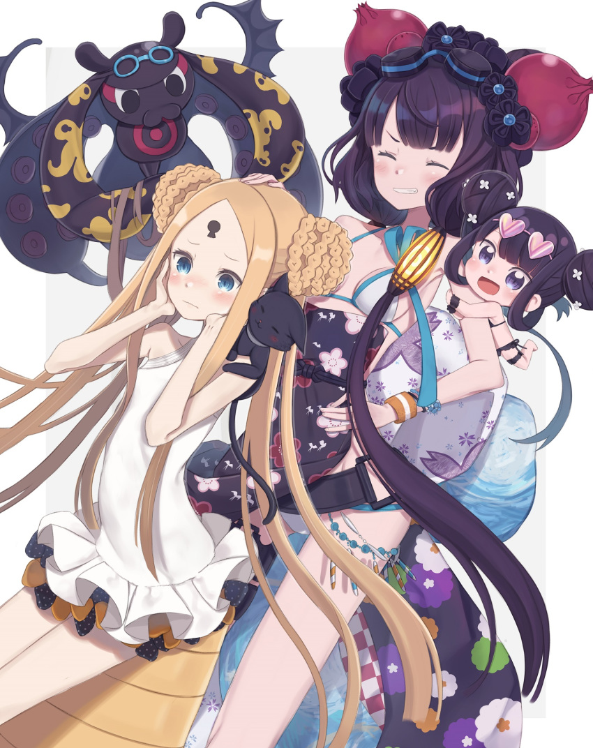 3girls :d abigail_williams_(swimsuit_foreigner)_(fate) animal bangs bikini black_bow blue_eyes blush bow braid breasts casual_one-piece_swimsuit chibi commentary double_bun dual_persona dutch_angle eyebrows_visible_through_hair fate/grand_order fate_(series) floral_print goggles goggles_on_head grey_background hands_on_own_face hands_up highres katsushika_hokusai_(swimsuit_saber)_(fate) keyhole light_brown_hair long_hair looking_at_viewer looking_away low_twintails medium_breasts multiple_girls octopus one-piece_swimsuit open_mouth orange_bow parted_bangs polka_dot polka_dot_bow purple_eyes purple_hair smile swimsuit symbol_commentary tokitarou_(fate/grand_order) totatokeke twintails two-tone_background v-shaped_eyebrows very_long_hair white_background white_bikini white_swimsuit