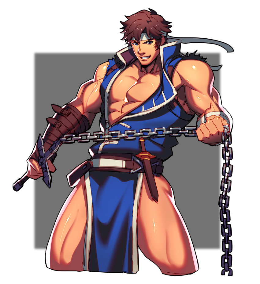 1boy abs bandages bara bare_chest belt blue_eyes brown_hair bulge castlevania chain chest cropped_legs facial_hair headband highres holding holding_weapon jacket lvlv male_focus muscle open_clothes open_jacket pelvic_curtain richter_belmont short_hair sideburns sleeveless solo stubble thick_thighs thighs torn_clothes weapon whip