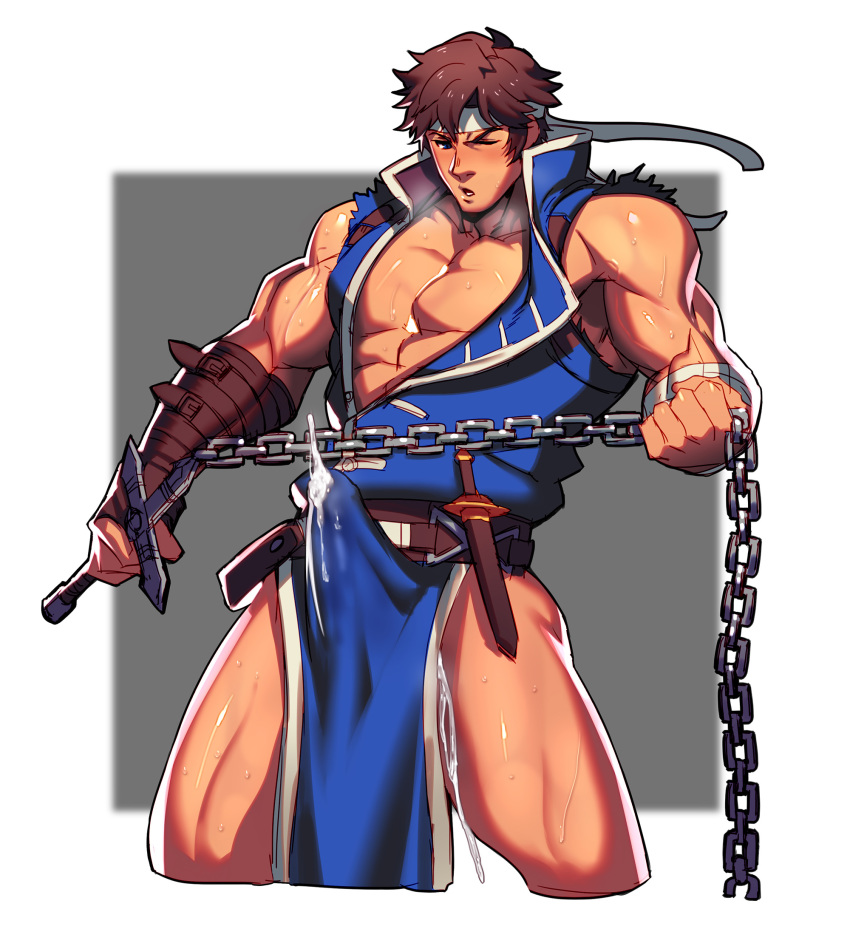 1boy abs bandages bara bare_chest belt blue_eyes blush breath brown_hair bulge castlevania chain chest cropped_legs cum cum_in_clothes cum_through_clothes erection erection_under_clothes facial_hair headband highres holding holding_weapon jacket lvlv male_focus muscle one_eye_closed open_clothes open_jacket pelvic_curtain richter_belmont short_hair sideburns sleeveless solo stubble thick_thighs thighs torn_clothes weapon whip