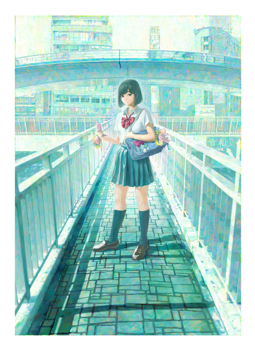 1girl bag black_footwear black_hair black_legwear border bow collared_shirt highres hironoshousei looking_at_viewer original outdoors pleated_skirt purple_bow railing red_bow red_neckwear school_uniform shadow shirt shoes short_hair short_sleeves shoulder_bag skirt socks solo standing white_border white_shirt wide_shot