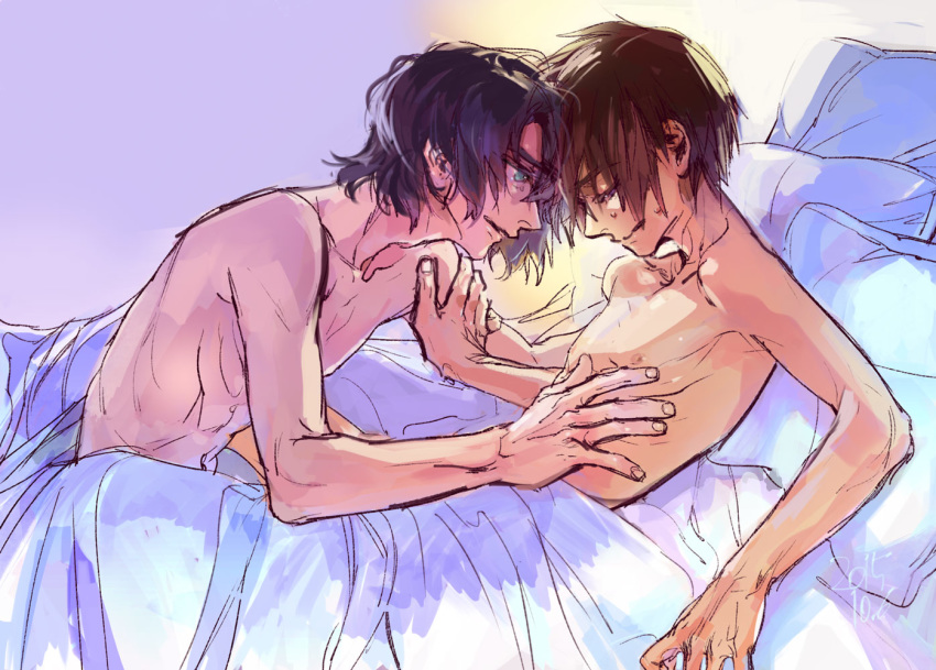 2boys athrun_zala bed bed_sheet blue_hair brown_hair closed_eyes green_eyes gundam gundam_seed jtr kira_yamato multiple_boys nude on_bed short_hair smile yaoi