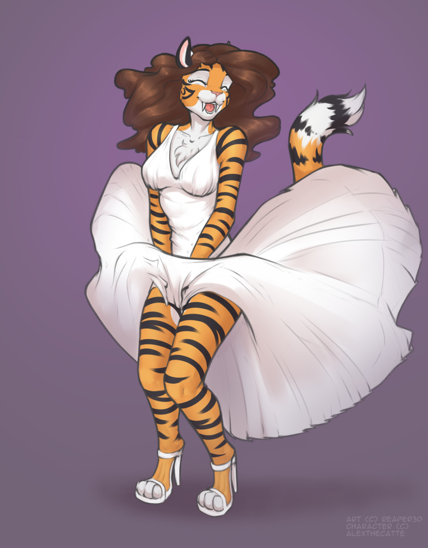 alex_marx anthro brown_hair chest_tuft clothed clothing dress felid female hair hi_res machairodontine mammal open_mouth pantherine reaper3d smile smilodon solo striped_body stripes tiger tuft