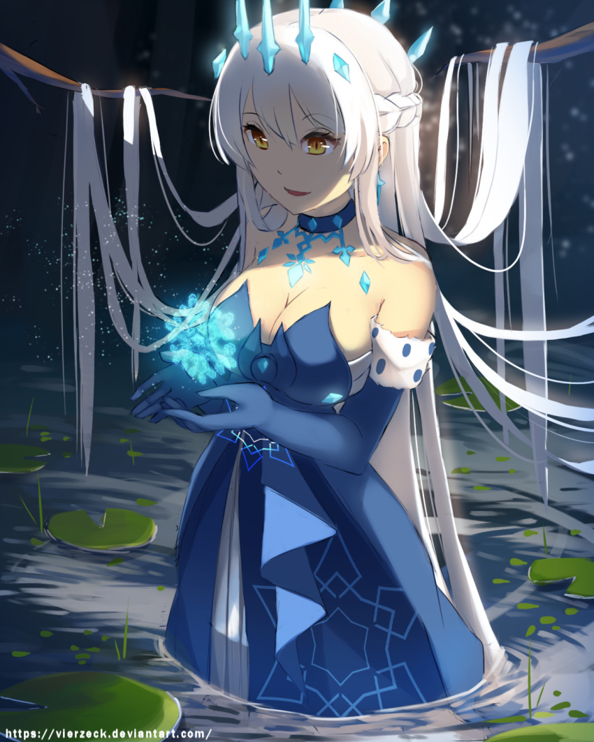 1girl bare_shoulders blue_dress branch breasts choker cleavage crown dress game hair_between_eyes hairband highres holding honkai_(series) honkai_impact_3rd kiana_kaslana large_breasts lily_pad long_hair snowflakes submerged vierzeck water white_hair yellow_eyes