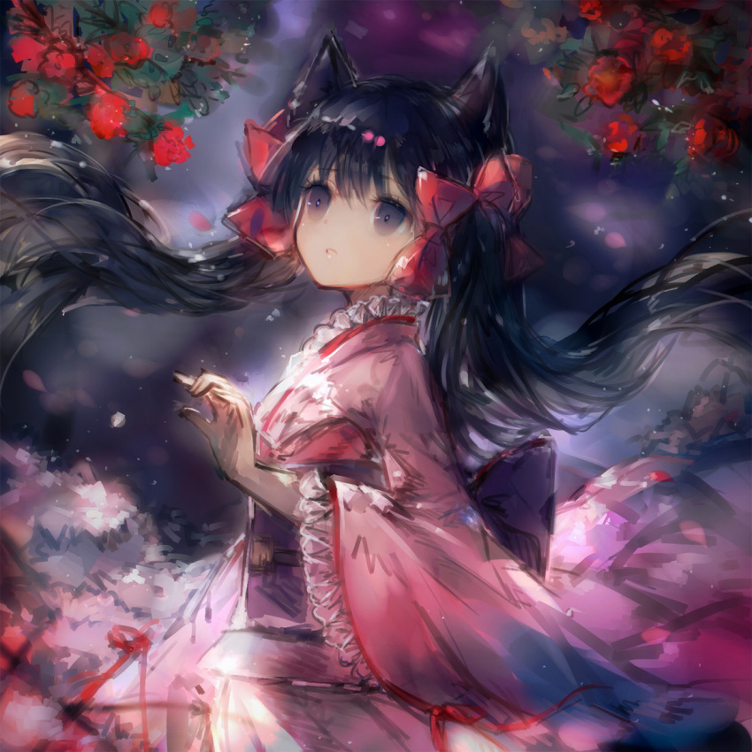 1girl animal_ears black_eyes black_hair bow flower fox_ears hair_bow hair_ribbon hanchan highres japanese_clothes kimono long_hair night otome_youkai_zakuro outdoors pink_kimono ribbon solo standing twintails wide_sleeves zakuro_(otome_youkai_zakuro)