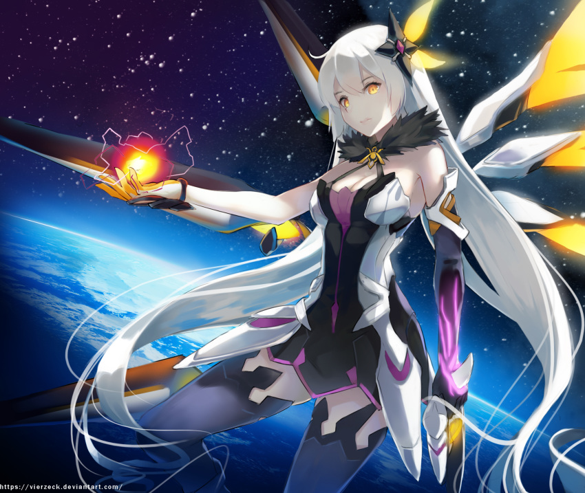 1girl breasts brooch cleavage earth energy_ball frown game hair_ornament highres honkai_(series) honkai_impact_3rd jewelry kiana_kaslana large_breasts long_hair sky space star_(sky) starry_sky thighhighs vierzeck white_hair wings yellow_eyes