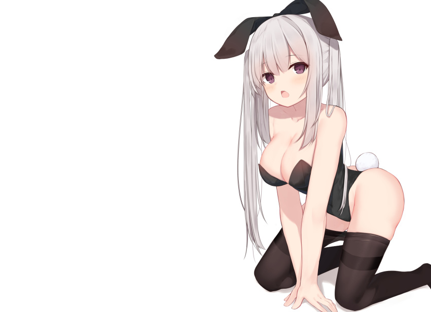 animal_ears blush breasts bunny_ears bunnygirl cleavage gray_hair leotard long_hair mm2k original pantyhose purple_eyes tail third-party_edit twintails white