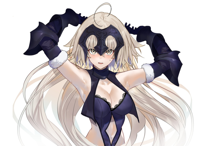 1girl absurdres ahoge armpits arms_up bangs black_dress black_gloves blush breasts cleavage dress elbow_gloves fate/grand_order fate_(series) fur_trim gauntlets gloves headpiece highres jeanne_d'arc_(alter)_(fate) jeanne_d'arc_(fate)_(all) jikatarou long_hair looking_at_viewer navel open_mouth platinum_blonde_hair revealing_clothes simple_background solo sweatdrop upper_body white_background yellow_eyes