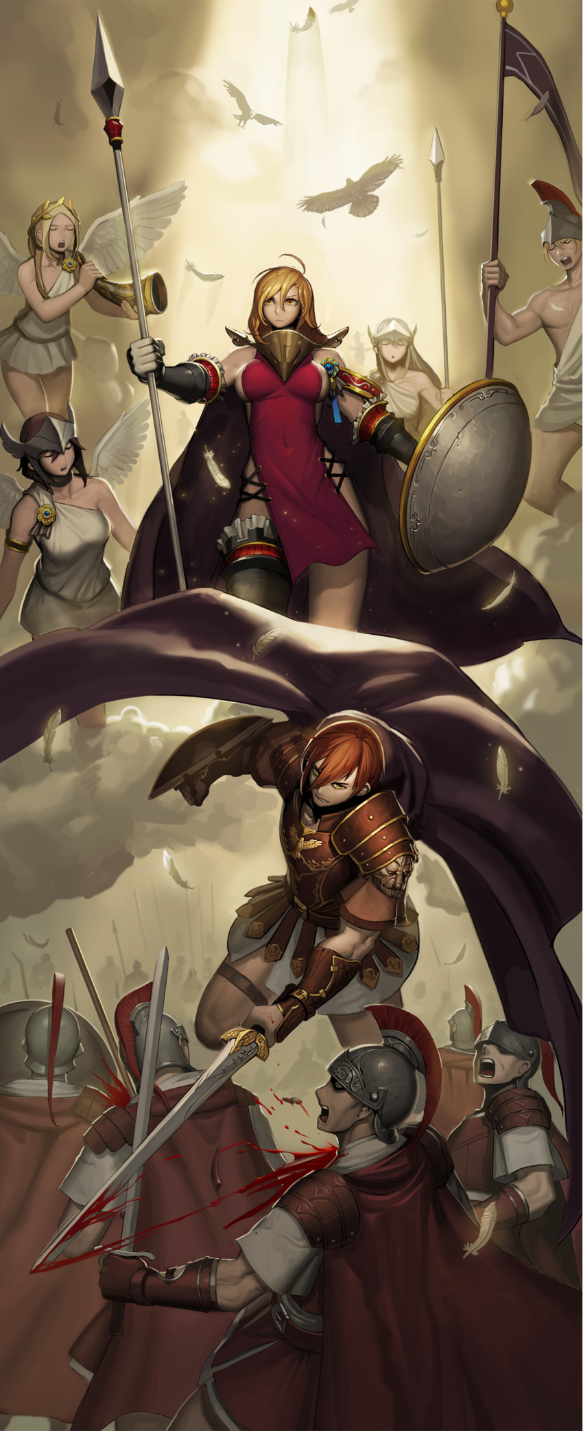 4girls 6+others absurdres angel angel_wings armlet armor bare_shoulders battle belt bird black_choker blonde_hair blood bloody_hands bloody_weapon breastplate brown_hair cain_(gunnermul) cape choker closed_eyes cloud collarbone covered_navel feathers fingernails flag flying frills gloves hair_between_eyes helmet highres holding holding_flag holding_polearm holding_spear holding_sword holding_weapon horn_(instrument) laurel_crown long_hair multiple_girls multiple_others open_mouth orange_hair original parted_lips pauldrons polearm purple_cape red_cape shield short_hair shoulder_armor spear swing sword teeth thigh_strap tongue vambraces weapon white_gloves wings yellow_eyes