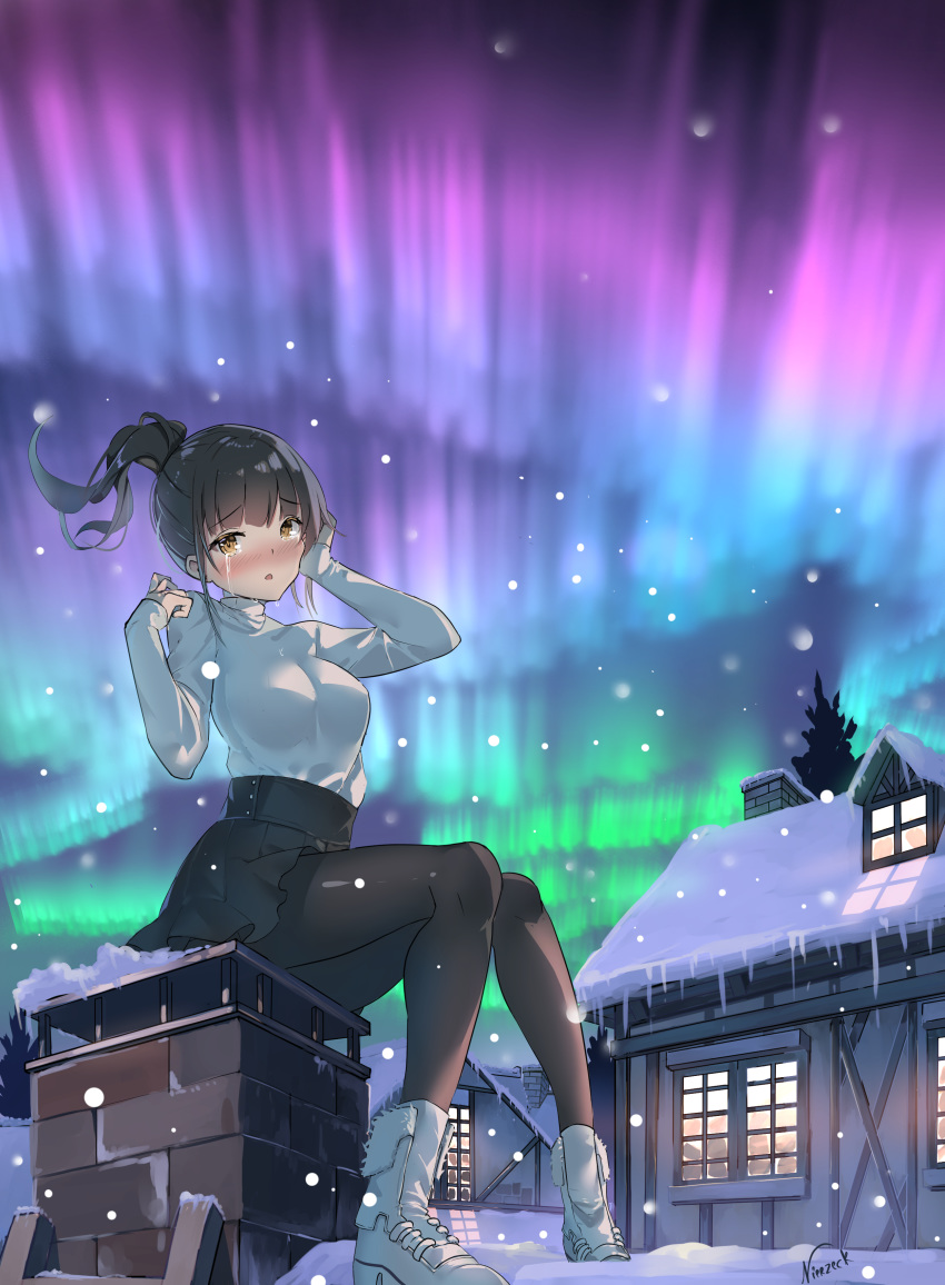 1girl absurdres aurora boots cabin crying hand_on_own_head highres ice long_hair multicolored multicolored_background new_year original ponytail snowing sweater thighhighs tree vierzeck winter yellow_eyes