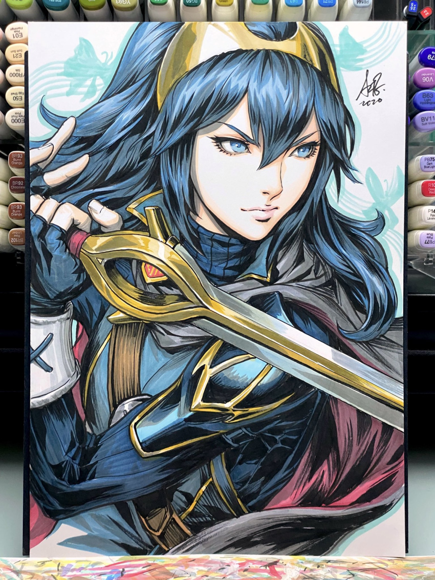 1girl armor bangs blue_eyes blue_gloves blue_hair cape falchion_(fire_emblem) fingerless_gloves fire_emblem fire_emblem_awakening gloves hair_between_eyes highres holding holding_sword holding_weapon long_hair lucina_(fire_emblem) marker_(medium) shoulder_armor sign stanley_lau super_smash_bros. sword tiara traditional_media weapon