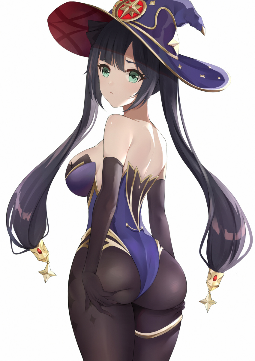 1girl absurdres ass bangs black_gloves black_hair black_legwear blue_leotard breasts commentary cowboy_shot elbow_gloves genshin_impact gloves green_eyes hat highres large_breasts leotard long_hair looking_at_viewer mona_(genshin_impact) pantyhose simple_background solo standing strapless strapless_leotard symbol_commentary thighlet thighs twintails very_long_hair white_background witch_hat ying_jing_meng