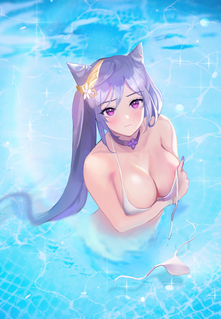 1girl bare_arms bare_shoulders bikini blush breasts choker cleavage covering covering_breasts double_bun genshin_impact hair_ornament half-closed_eyes highres htoomm keqing large_breasts looking_at_viewer nail_polish partially_submerged purple_eyes purple_hair purple_nails swimsuit twintails untied untied_bikini wardrobe_malfunction water