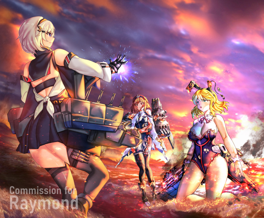 3girls anchor_hair_ornament animal_ears azur_lane bare_legs bare_shoulders birmingham_(azur_lane) black_legwear blonde_hair blood blood_from_mouth blue_eyes bunny_ears burning burnt cloak clothing_cutout cloud cloudy_sky crotchless crotchless_pantyhose detached_sleeves fake_animal_ears flight_deck gauntlets hair_ornament hairband highres historical_event injury iron_man kneeling knees_together_feet_apart looking_at_another marvel metal_gloves multiple_girls playboy_bunny princeton_(warship_girls_r) psychowolf red_hair remodel_(warship_girls_r) reno_(azur_lane) short_hair shoulder_cutout silver_hair sky standing standing_on_liquid tearing_up thighhighs torn_clothes warship_girls_r white_cloak