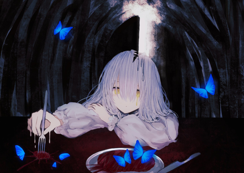 1girl blood blue_butterfly blue_pupils bug butterfly closed_mouth crying door dripping drooling extra_mouth flying fork hair_between_eyes highres holding holding_fork insect knife long_hair nurie7 open_door open_mouth original plate saliva sharp_teeth solo table teeth white_hair yellow_eyes