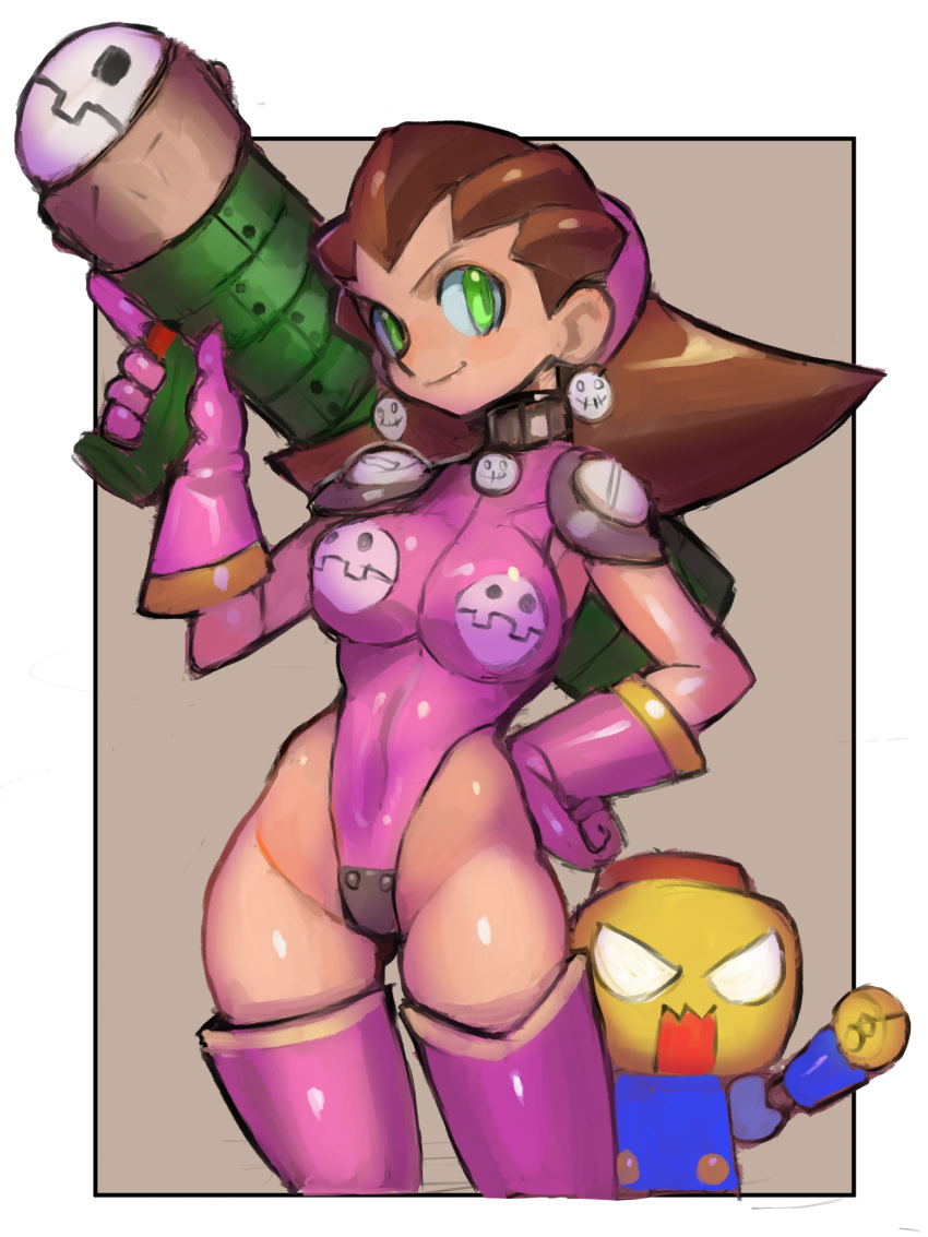 1girl alternate_costume breasts brown_hair covered_navel dakusuta earrings gloves green_eyes hair_pulled_back hairband hand_on_hip highleg highleg_leotard highres holding holding_weapon jewelry kobun large_breasts leotard medium_hair pink_gloves robot rocket_launcher rockman rockman_dash simple_background smile tron_bonne weapon