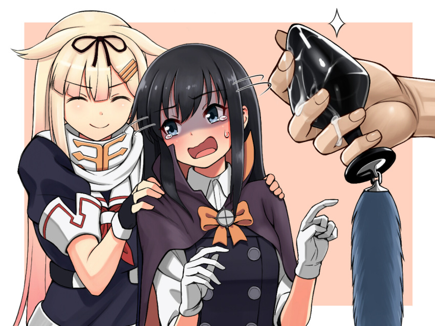 1other 2girls anal_tail asashio_(kantai_collection) black_hair black_ribbon blonde_hair blue_eyes butt_plug closed_eyes commentary_request fake_tail fang gloves gradient_hair hair_flaps hair_ornament hair_ribbon hairclip halloween halloween_costume hands_on_another's_shoulders kantai_collection long_hair looking_at_another multicolored_hair multiple_girls open_mouth remodel_(kantai_collection) ribbon scarf school_uniform serafuku sex_toy shaded_face simple_background smile suggestive_fluid sweatdrop tail tearing_up tsusshi white_gloves white_scarf yuudachi_(kantai_collection)