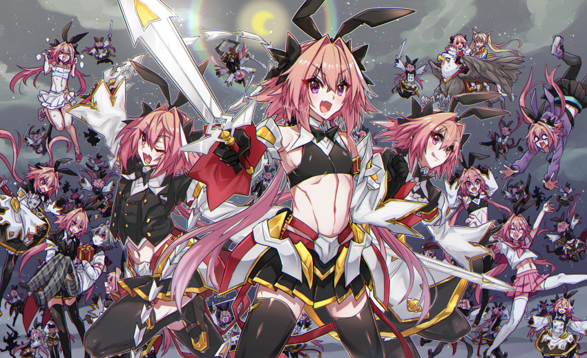 &gt;:( &gt;o&lt; /\/\/\ 1girl 2boys :d :q ;) ;d =_= ahoge alternate_costume alternate_legwear androgynous animal_ears armor armored_skirt astolfo_(fate) astolfo_(saber)_(fate) bikini black_bow black_gloves black_legwear black_neckwear black_ribbon blonde_hair blue_eyes blush bow bowtie bradamante_(fate/grand_order) braid brown_pants bunny_ears carrying cloak cloud commentary_request crescent_moon crop_top crown_braid detached_sleeves falling fang fate/apocrypha fate/grand_order fate_(series) flailing frown fur-trimmed_cloak fur_trim gift gloves grey_hair hair_intakes haoro heart-shaped_mouth highres hippogriff holding holding_gift holding_sword holding_weapon layered_skirt lens_flare long_braid long_hair long_sleeves looking_at_another looking_at_viewer low_twintails male_focus memories_at_trifas moon multicolored_hair multiple_boys multiple_views navel night night_sky o_o one_eye_closed open_mouth pajamas pants partial_commentary pauldrons pink_hair pink_skirt princess_carry purple_eyes red_eyes red_sailor_collar ribbon riding sailor_collar school_uniform serafuku shirt shoes shoulder_armor sieg_(fate/apocrypha) single_braid skin_fang skirt skirt_tug sky smile solid_circle_eyes star_(sky) stomach streaked_hair striped striped_pants sweat swimsuit sword tears thighhighs tongue tongue_out twintails very_long_hair weapon whip_sword white_hair white_legwear white_shirt wide_sleeves wing_collar
