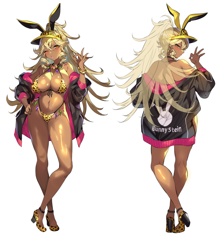 1girl absurdres animal_ears animal_print bangs bikini blonde_hair blush bracelet breasts brown_eyes bunny_ears cleavage commentary_request drill_hair earrings fake_animal_ears from_behind gan_(shanimuni) gem hand_on_hip hand_up high_heels highleg highleg_bikini highres jacket jewelry large_breasts lips long_hair looking_at_viewer looking_back mole mole_on_stomach navel off_shoulder one_eye_closed open_clothes open_jacket original shiny shiny_skin sidelocks simple_background solo stomach swimsuit tan thighs visor_cap