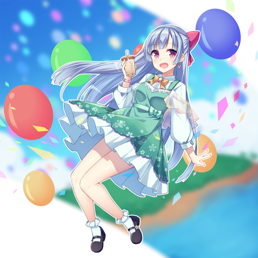 1girl :d absurdres amemiya_ruki balloon bangs black_footwear blunt_bangs bobby_socks bow bubble_tea commentary cup disposable_cup dress earrings eyebrows_visible_through_hair floral_print full_body green_skirt hair_bow highres jewelry long_hair long_sleeves looking_at_viewer mary_janes neck_ribbon open_mouth original outline pinafore_dress puffy_long_sleeves puffy_sleeves red_bow red_eyes ribbon shirt shoes silver_hair skirt smile socks solo very_long_hair white_legwear white_outline white_shirt wristband yellow_ribbon