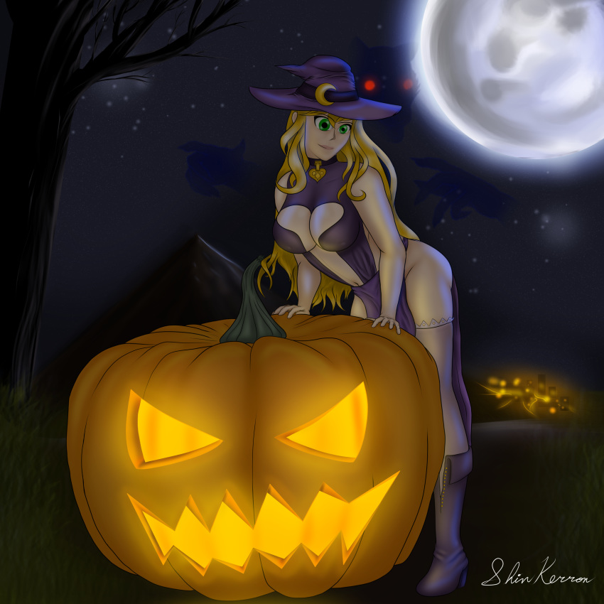 1:1 absurd_res canid canine clothing digital_media_(artwork) fan_character female full_moon hat headgear headwear hi_res human human_focus jack-o'-lantern light looking_at_viewer magic_user mammal moon moonlight night were werecanid werecanine werewolf witch witch_hat
