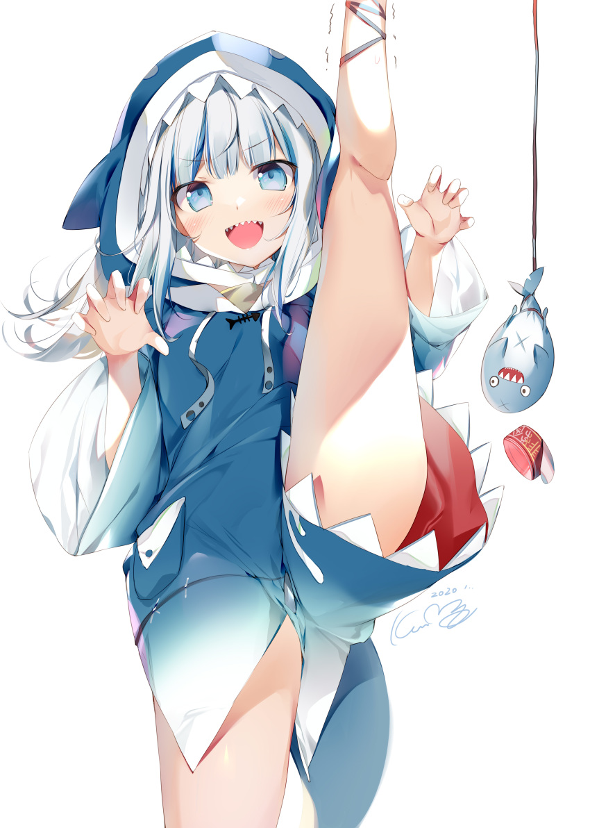 1girl 2020 :d a absurdres animal_costume animal_hood bad_anatomy bangs bloop_(gawr_gura) blue_eyes blue_hair blue_hoodie blush claw_pose commentary_request d: eyebrows_visible_through_hair fish_tail gawr_gura highres hololive hololive_english hood karory leg_ribbon medium_hair multicolored_hair open_mouth pocket ribbon shark_costume shark_girl shark_hood shark_print shark_tail sharp_teeth signature silver_hair smile solo split standing standing_on_one_leg standing_split streaked_hair tail teeth virtual_youtuber wide_sleeves