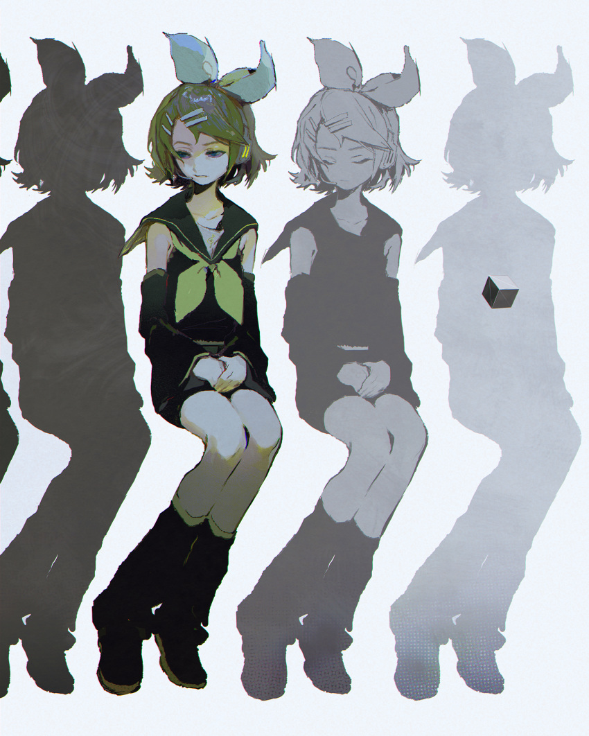 1girl blonde_hair blue_eyes closed_eyes cube detached_sleeves grey_background hands_together headset highres kagamine_rin looking_down mawarusanso multiple_views short_hair silhouette sitting vocaloid