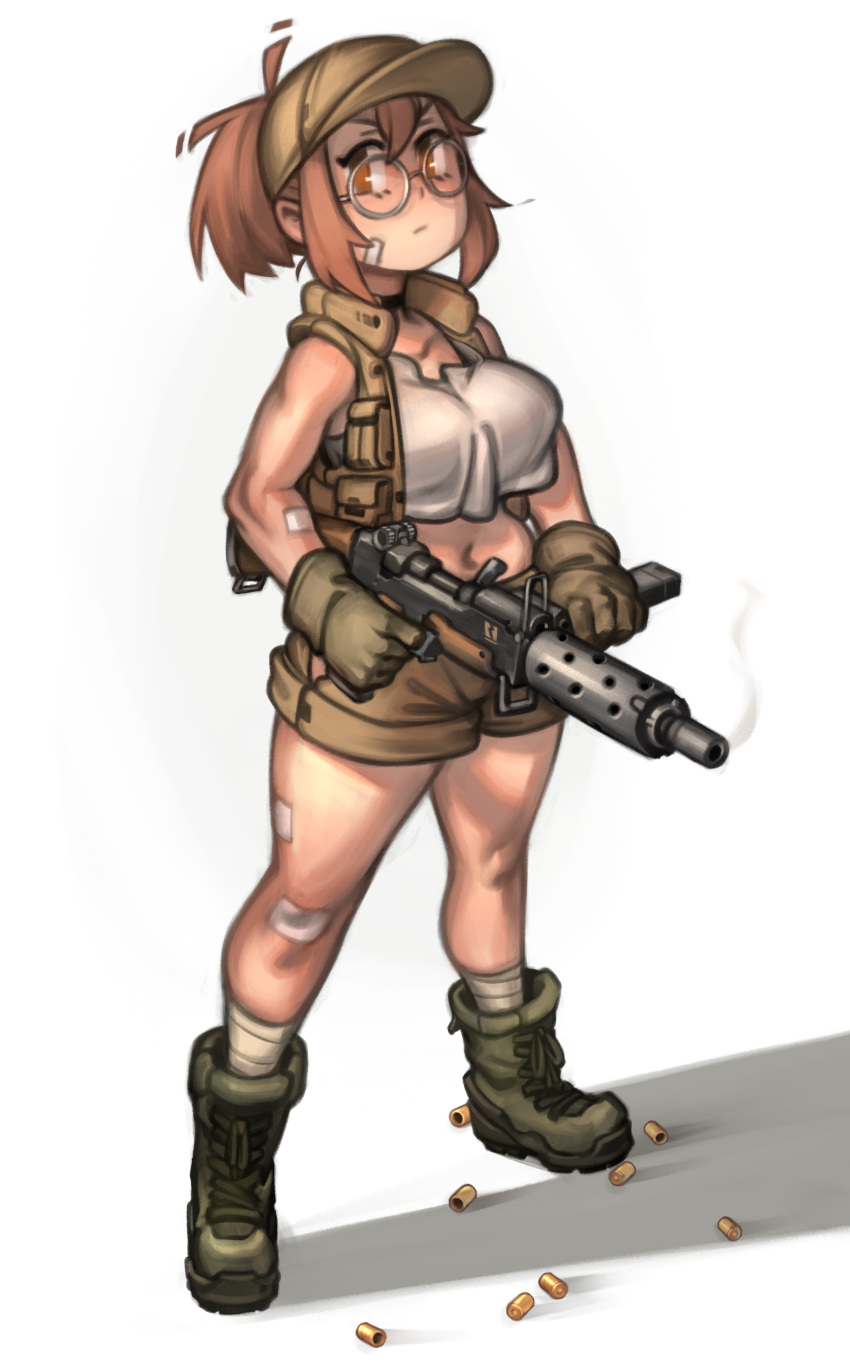 1girl absurdres bandaged_leg bandages bandaid bandaid_on_face bandaid_on_knee bandaid_on_leg baseball_cap black_choker boots breasts brown_eyes brown_hair choker combat_boots crop_top crop_top_overhang finger_on_trigger fio_germi full_body glasses gloves gun hat highres ironsights kelvin_hiu load_bearing_vest looking_at_viewer medium_breasts metal_slug midriff muffin_top navel round_eyewear shell_casing sidelocks sleeveless smoke smoking_gun solo standing sten_gun submachine_gun weapon